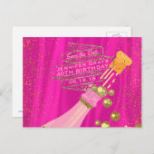 Sla de datum op Elegant Woman's Champagne Verjaard Aankondigingskaart (Voorkant / Achterkant)