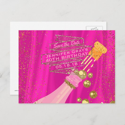 Sla de datum op Elegant Woman's Champagne Verjaard Aankondigingskaart (Voorkant / Achterkant)