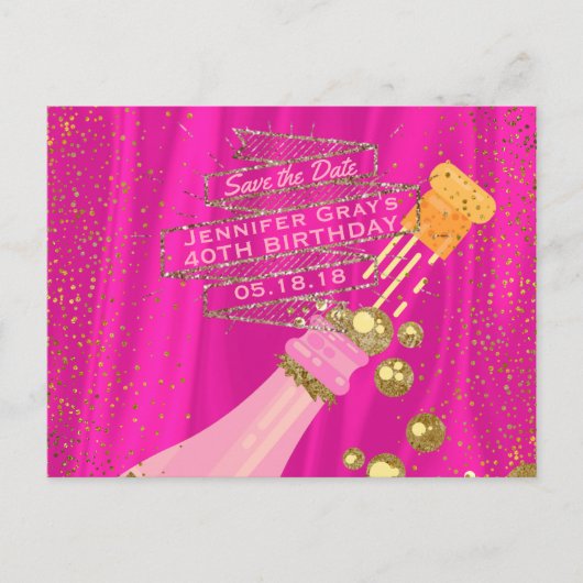 Sla de datum op Elegant Woman's Champagne Verjaard Aankondigingskaart (Voorkant)