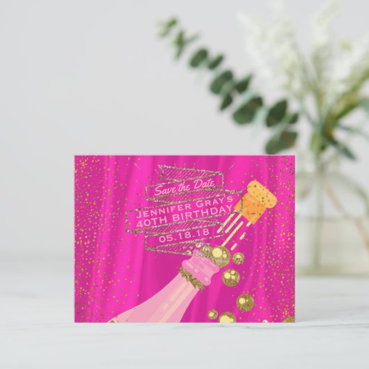 Sla de datum op Elegant Woman's Champagne Verjaard Aankondigingskaart (Staand voorkant)