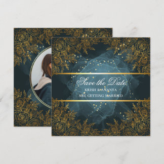 Sla de datum op, Elegante blauwe en zwarte bruilof Kaart