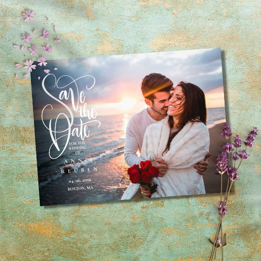 Sla de datum op Elegante script foto Briefkaart