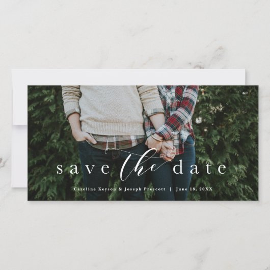 Sla de datum op elegante script horizontale fotoka save the date (Voorkant)