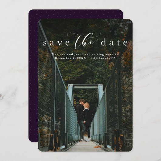 Sla de datum op elegante script verticale fotokaar save the date (Voorkant / Achterkant)
