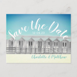 Sla de datum op Engelse strandhut strand postkaart Aankondigingskaart
