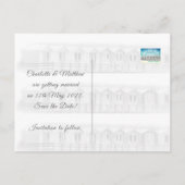 Sla de datum op Engelse strandhut zeekant postkaar Aankondigingskaart (Achterkant)