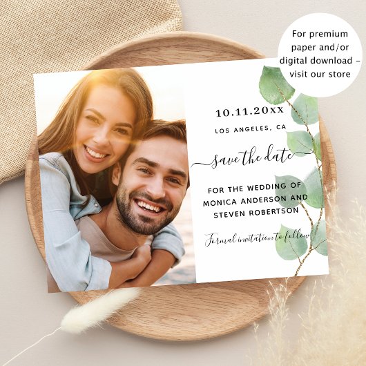 Sla de datum op eucalyptus groen foto bruiloft flyer