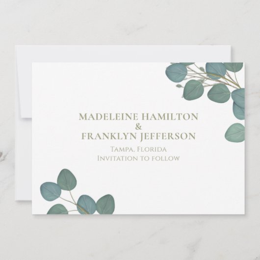 Sla de datum op Eucalyptus Trouwdag Groene Geblade Save The Date (Achterkant)