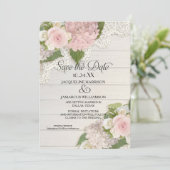 Sla de datum op Foto Kant Roze Hortensia Houten Sc Save The Date (Staand voorkant)