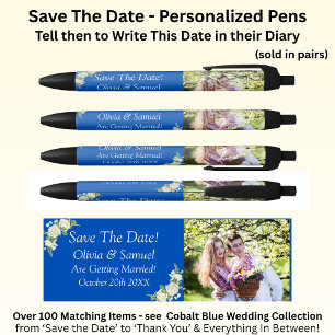 Sla de datum op - Foto + Kobalt Blauw & Wit Rozen Zwarte Inkt Pen