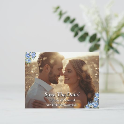 Sla de datum op - Foto met Blue Peony Aankondigingskaart (Staand voorkant)