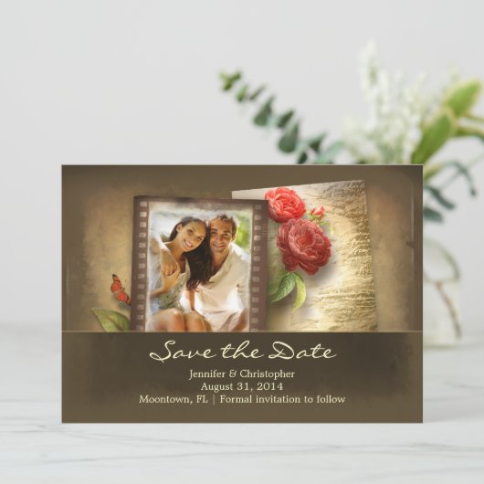 Sla de datum op  foto rustieke uitnodigingen (Staand voorkant)