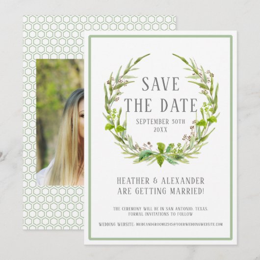 Sla de datum op Fototemplate Watercolor Krans Kuns Kaart (Voorkant / Achterkant)