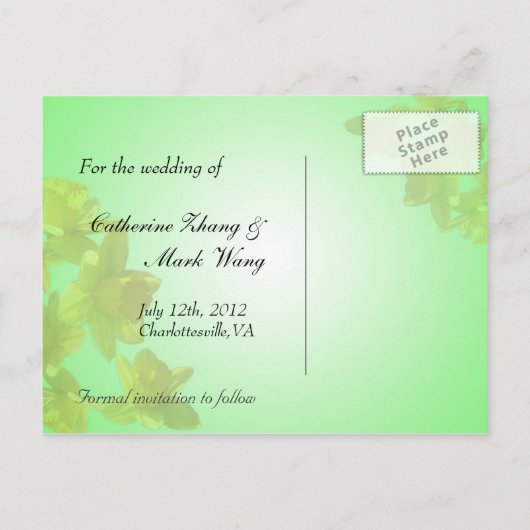 sla de datum op, gele tulpenbloemen aankondigingskaart (Achterkant)