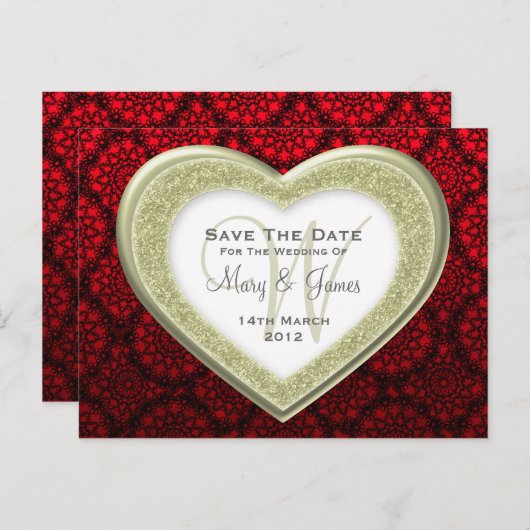 Sla de datum op Glitter Heart Gold Mod Lace Red Aankondigingskaart (Voorkant / Achterkant)
