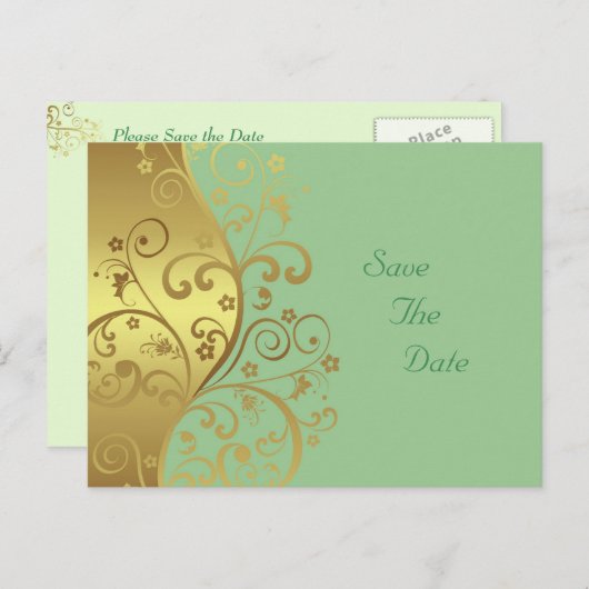 Sla de datum op - Gold Swirls & Seafoam Aankondigingskaart (Voorkant / Achterkant)