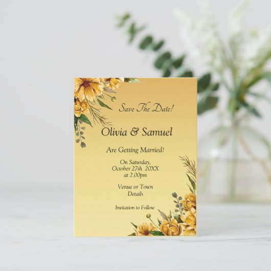 Sla de datum op gouden gele bloem plat bedankkaart (Staand voorkant)