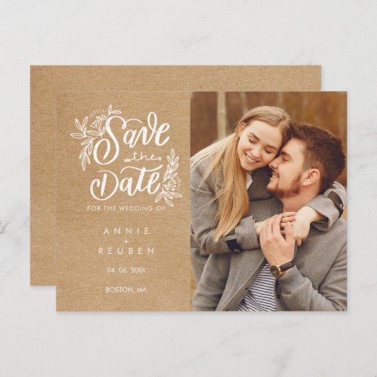 Sla de datum op handgeschreven script foto roestig aankondigingskaart (Voorkant / Achterkant)