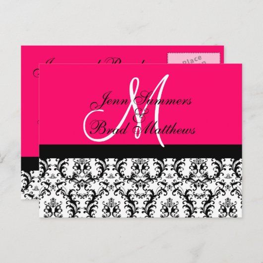 Sla de datum op Hot Pink Monogram Damask Kaart (Voorkant / Achterkant)