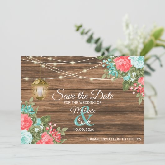 Sla de datum op - hout, lantaarn & Blauwgroen, kor Feestdagenkaart (Staand voorkant)