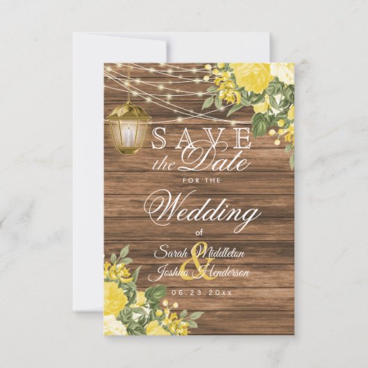 Sla de datum op Hout, lantaarns en gele bloem Save The Date (Voorkant)