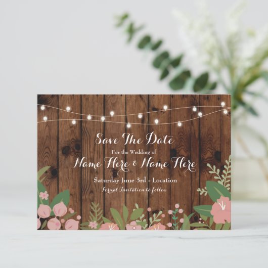 Sla de datum op Hout Rustieke Bloemverlichting Uit Save The Date (Staand voorkant)