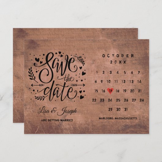 Sla de datum op Kalender Rode Liefde Hart Rustiek  Aankondigingskaart (Voorkant / Achterkant)