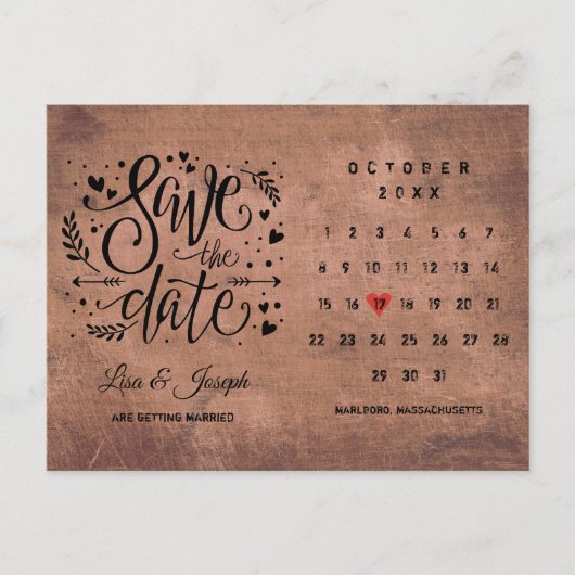 Sla de datum op Kalender Rode Liefde Hart Rustiek  Aankondigingskaart (Voorkant)