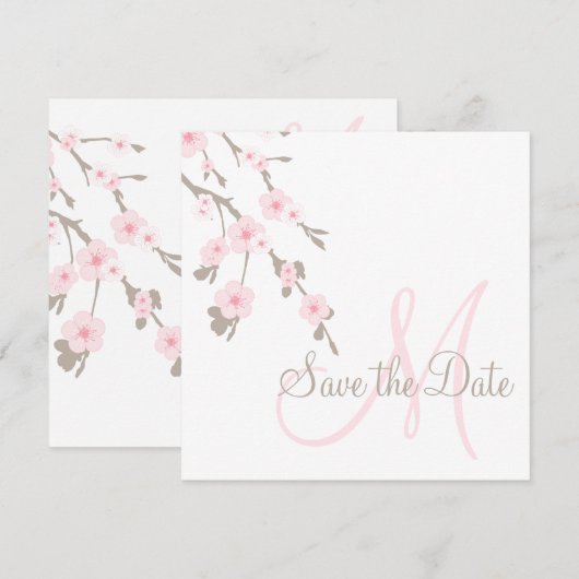 Sla de datum op Kersenbloesem met monogram Save The Date (Voorkant / Achterkant)
