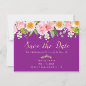 Sla de datum op Koninklijke Paarse Bloemige Quince Bedankkaart (Voorkant)