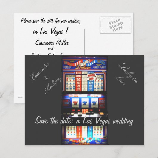 Sla de datum op Las Vegas Wedding Slot Machine Aankondigingskaart (Voorkant / Achterkant)