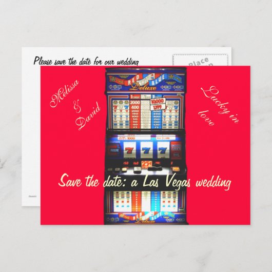 Sla de datum op Las Vegas Wedding Slot Machine Red Aankondigingskaart (Voorkant / Achterkant)