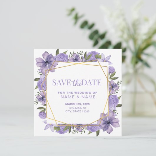 Sla de datum op Lavendel Paarse gouden bloemenbrui Kaart (Staand voorkant)