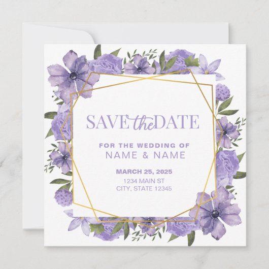Sla de datum op Lavendel Paarse gouden bloemenbrui Kaart (Voorkant)