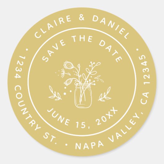 Sla de datum op Mason Jar Flowers Retouradres Ronde Sticker (Voorkant)