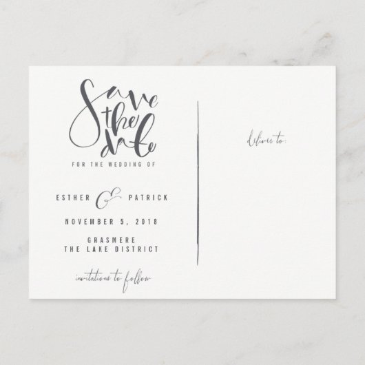 Sla de datum op, met de hand getekend script-wit e aankondigingskaart (Achterkant)