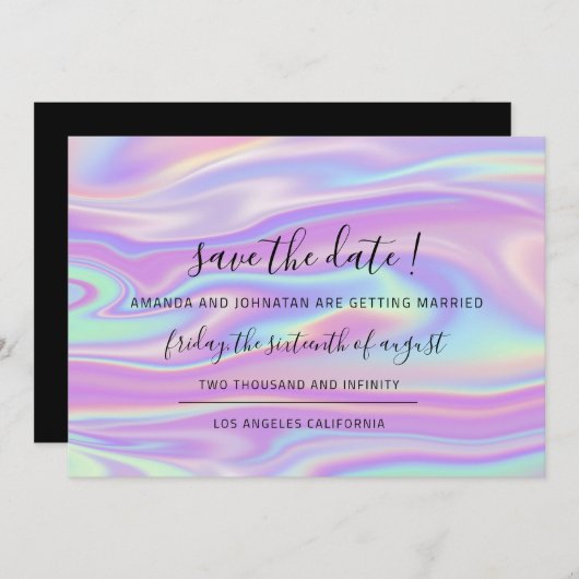 Sla de datum op met een zwarte holograaf save the date (Voorkant / Achterkant)