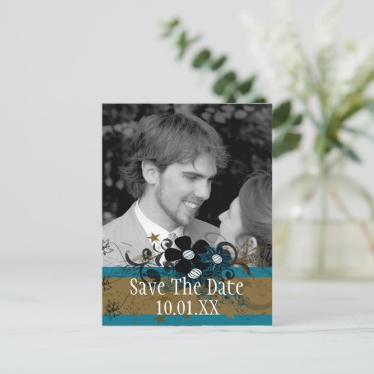 Sla de datum op met UW foto Koper en Blauw Aankondigingskaart (Staand voorkant)