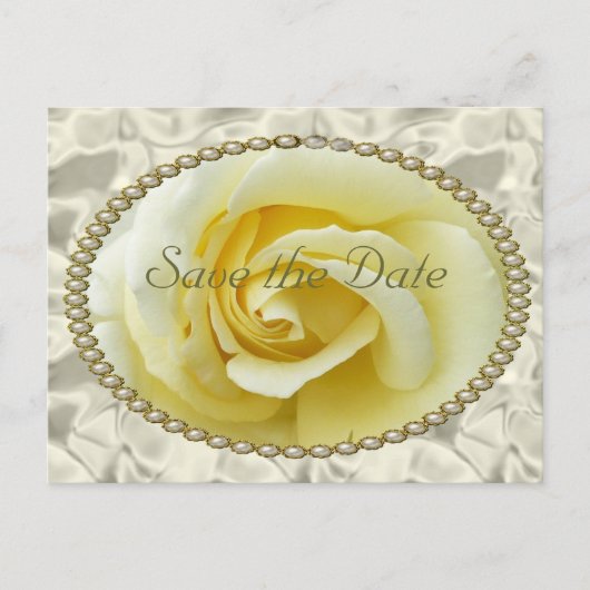 Sla de datum op met Yellow Rose, Pearls & Satin Aankondigingskaart (Voorkant)