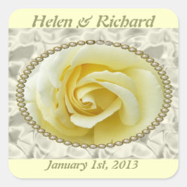 Sla de datum op met Yellow Rose, Pearls & Satin Vierkante Sticker