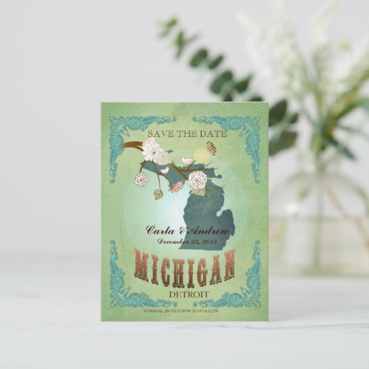 Sla de datum op - Michigan kaart met mooie vogels (Staand voorkant)