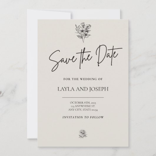 Sla de datum op minimalistische bloemkaart save the date (Voorkant)