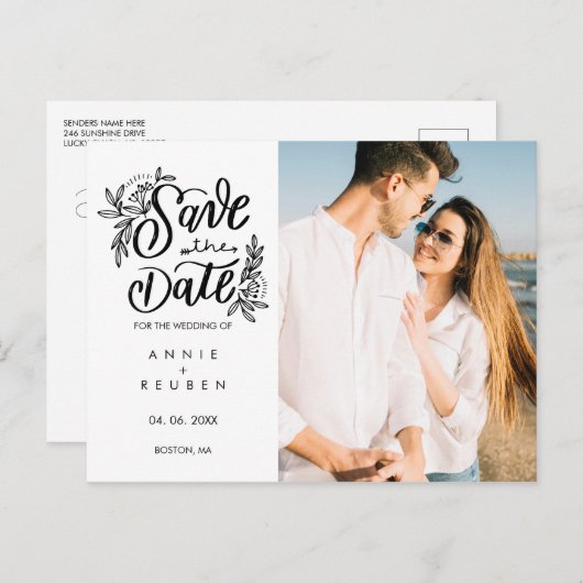 Sla de datum op Moderne Hand Script Foto Briefkaart (Voorkant / Achterkant)