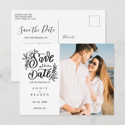 Sla de datum op Moderne handgeschreven foto Briefkaart (Voorkant / Achterkant)