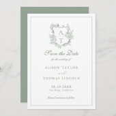 Sla de datum op Monogram Crest Sage Green Kaart (Voorkant / Achterkant)
