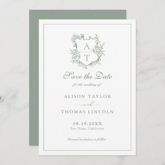 Sla de datum op Monogram Crest Sage Green Kaart (Voorkant / Achterkant)