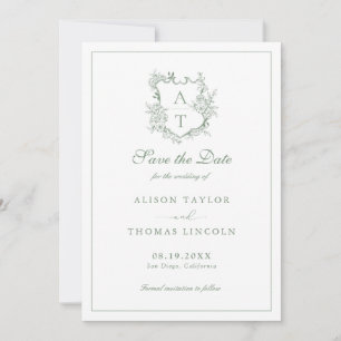 Sla de datum op Monogram Crest Sage Green Kaart
