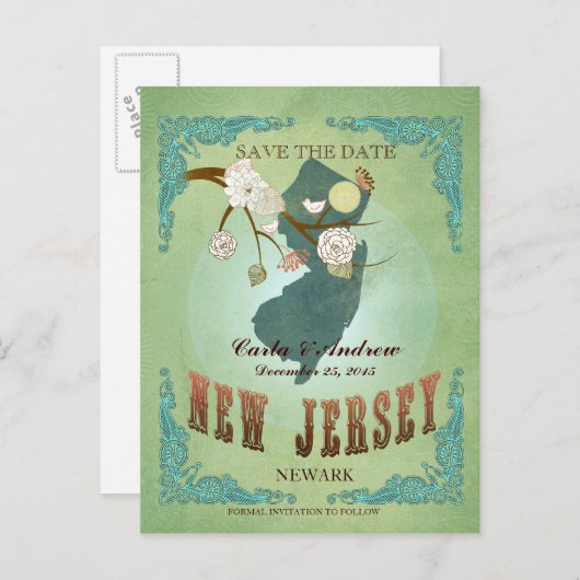 Sla de datum op - New Jersey kaart met mooie vogel (Voorkant / Achterkant)