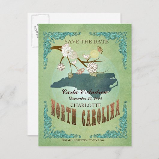 Sla de datum op - North Carolina kaart met mooie v (Voorkant / Achterkant)