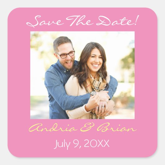 Sla de datum op/ personaliseer de foto/roze wit ge vierkante sticker (Voorkant)